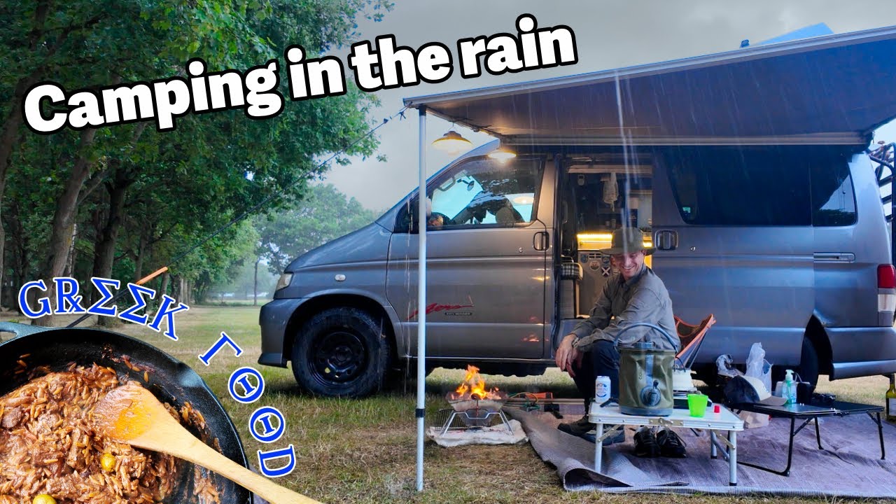 Camping in the RAIN & Beef Giouvetsi (Greek Food)!